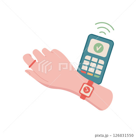 Hand holding smartwatch for payment. Gesture of cash transfer. Digital device icon, flat graphic style, suitable for business or finance concepts. Ideal for illustrating payment methods or economic Hand holding smartwatch for payment. Gesture of cash transfer. Digital device icon, flat graphic style, suitable for business or finance concepts. Ideal for illustrating payment methods or economic 126831550