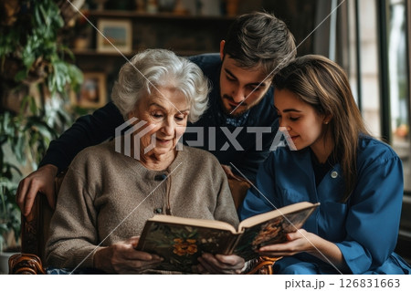 Family bonding momentreading together cozy living room family activity warm atmosphere intimate view shared stories 126831663
