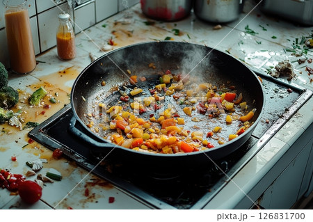 Sizzling stir-fry cooking kitchen food preparation messy environment close-up culinary adventure 126831700