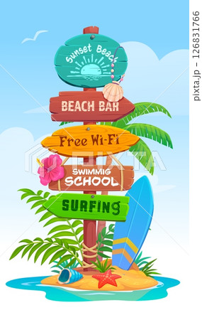 Beach signboard, vacation wooden sign board signage. Cartoon vector tropical signpost with colorful wood planks showing directions to sunset beach, bar, free wifi, swimming school, surfing activities 126831766