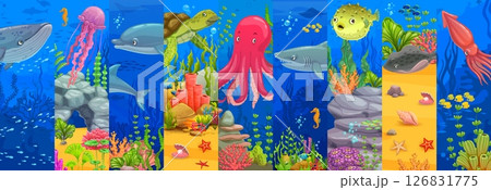 Cartoon sea underwater animals collage. Ocean underwater animals and coral reef creatures cartoon vector collage with seahorse, jellyfish, dolphin and turtle, octopus, shark, stingray funny characters 126831775