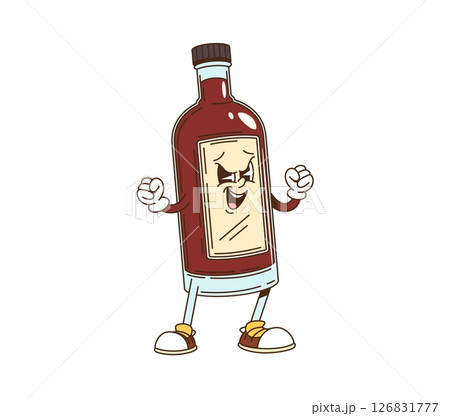 Cartoon groovy bourbon bottle character. Pub or bar alcohol drink groovy character with evil facial expression. Bourbon, whiskey or cognac bottle, party beverage funny 70s isolated vector personage Cartoon groovy bourbon bottle character. Pub or bar alcohol drink groovy character with evil facial expression. Bourbon, whiskey or cognac bottle, party beverage funny 70s isolated vector personage 126831777