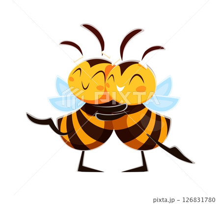 Hugging honey bees couple cute cartoon characters. Honey bee bug cute isolated vector personages, garden bumblebee baby cheerful mascots. Honeybee animal or spring insect happy characters Hugging honey bees couple cute cartoon characters. Honey bee bug cute isolated vector personages, garden bumblebee baby cheerful mascots. Honeybee animal or spring insect happy characters 126831780