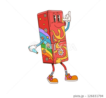 Cartoon groovy refrigerator, home furniture character. Retro fridge or freezer kitchen appliance funny funky personage with rainbow and daisy flowers print. Home kitchen furniture groovy character 126831794