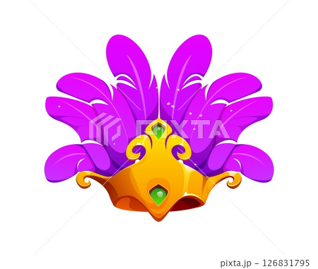 Cartoon Brazil carnival party headwear for festive celebration. Vector golden crown with bright purple feathers, representing spirit of Brazilian festivals, mardi gras masquerade or circus performance 126831795