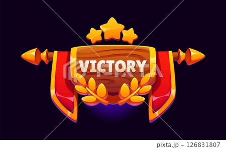 Victory award game icon, ui badge asset. Cartoon vector wooden victory sign with golden laurel wreath, three gold stars and red flags on both sides with shiny elements. Winner honoring pop up banner 126831807