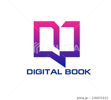 Digital book icon featuring modern pink to violet gradient emblem with open book and chat bubble, symbolizing publishing, knowledge transfer, technological advancements in literature and education 126831812