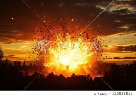 Massive explosion lighting up the sky at sunset over a cityscape 126831815