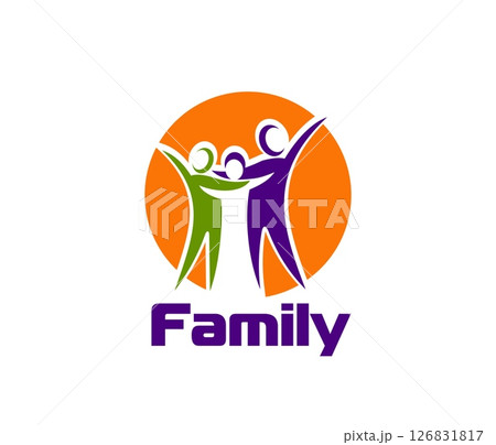 Family icon featuring three figures in green, white and purple, arms raised, within an orange circle, representing unity, togetherness, joy, and happiness, emphasizing community, love, and connection 126831817