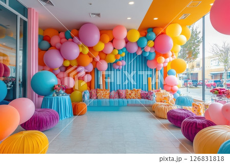 Celebratory balloon decor event space interior design colorful atmosphere wide angle festive vibe 126831818