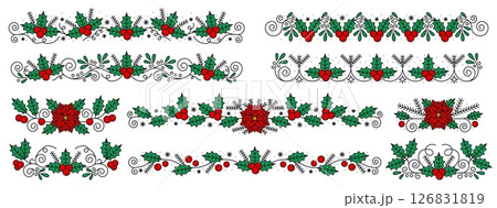 Ornate holly berry dividers and borders. Christmas vector trims with green holly leaves, red berries and poinsettia flowers. Festive decorative elements for winter ornaments with swirls and branches 126831819