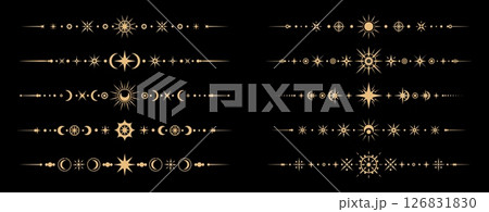 Esoteric mystic celestial divider borders, magic celestial vector set. Fantasy golden lines with mystical sun, crescent moon and star symbol in boho style. Astrology, witchcraft space spiritual frames 126831830
