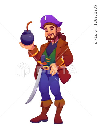 Cartoon pirate corsair character holding round bomb with lit fuse and smiling proudly. Vector privateer personage in captain hat and coat, with sword and confident pose ready for explosive action 126831835