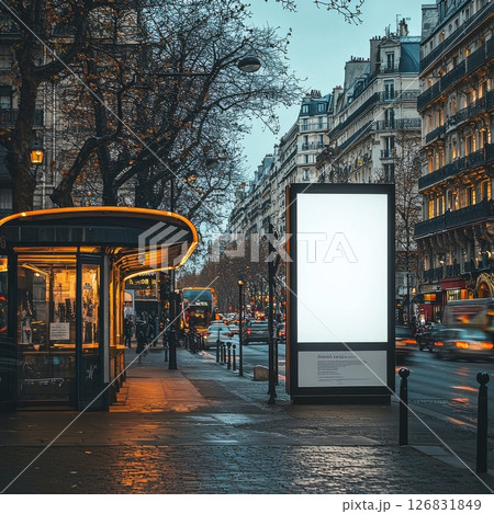 Evening city life bus stop scene in paris urban environment street photography vibrant atmosphere 126831849