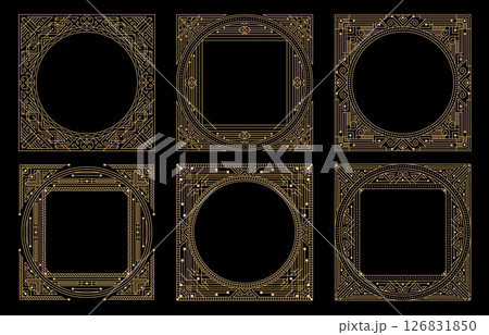 Art deco frames in gold lines on black background. Vector set of elegant symmetrical square and circle borders, classic decorative templates with vintage luxury flair, for invitations or certificates 126831850