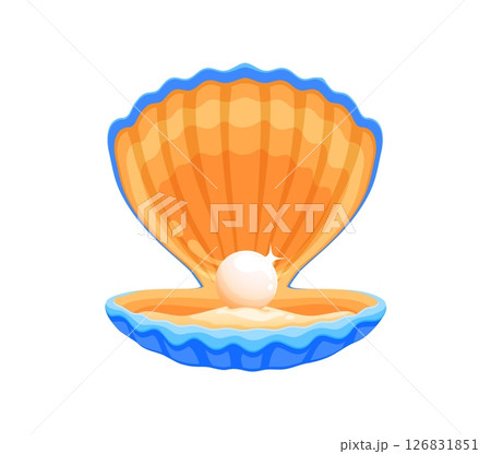 Cartoon pearl shell scallop, underwater oyster and seashell revealing a shiny white pearl inside. Isolated vector sea treasure, fantasy marine object for underwater adventure game asset, marine conch 126831851