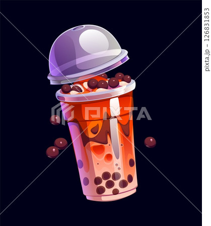 Cartoon milk bubble tea glass. Vector transparent plastic takeaway cup filled with brown sweet beverage, tapioca pearls and slightly open transparent dome lid. Creamy and sweet Asian dessert beverage 126831853