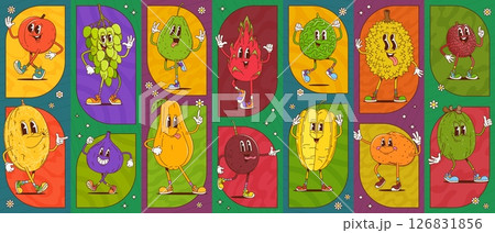 Groovy fruit characters collage of retro hippie tropical farm food. Vector cartoon funny papaya, feijoa, grapes and peach berries. Vintage groovy lychee, jackfruit, melon and fig fruits collage 126831856