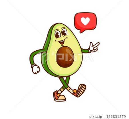 Avocado fruit groovy funny character. Organic farm natural product funny hippie vector character, vegan food fresh fruit cute mascot. Happy avocado vintage personage with love heart message cloud Avocado fruit groovy funny character. Organic farm natural product funny hippie vector character, vegan food fresh fruit cute mascot. Happy avocado vintage personage with love heart message cloud 126831879