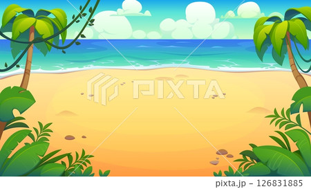 Cartoon tropical island beach landscape with coconut palms, yellow sand, blue ocean waves and bright sunny sky with fluffy clouds, jungle leaves and empty coastline. Vector game level background Cartoon tropical island beach landscape with coconut palms, yellow sand, blue ocean waves and bright sunny sky with fluffy clouds, jungle leaves and empty coastline. Vector game level background 126831885