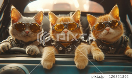 Three cool cats driving a car urban setting digital art playful environment close-up view whimsical concept 126831892
