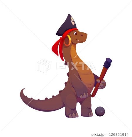 Cartoon dinosaur animal pirate captain and corsair sailor character. Isolated vector brown dino in cocked hat with red bandana and cannon tool. Standing with cannonball ready for attack or fight 126831914