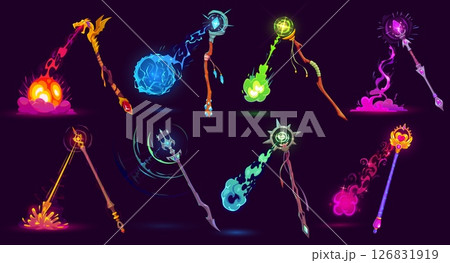 Cartoon magic wizard staff scepter with enchantment fire burst. Vector set of wiz rods with glowing magical energy explosion. Fantasy wands with fire, water, lightning, heart, ice and elemental spells Cartoon magic wizard staff scepter with enchantment fire burst. Vector set of wiz rods with glowing magical energy explosion. Fantasy wands with fire, water, lightning, heart, ice and elemental spells 126831919