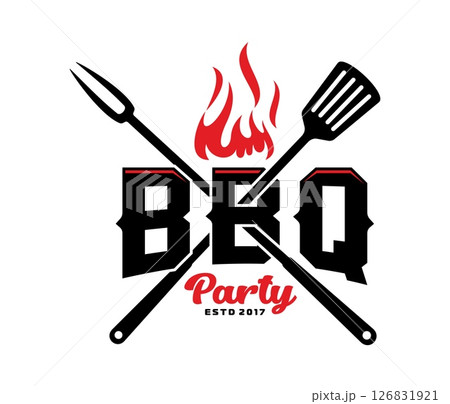Bbq barbeque grill icon. Vector barbecue emblem with crossed fork and spatula utensils, fire and bold text representing a BBQ party established in 2017, signifying outdoor grilling and cooking culture 126831921
