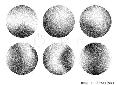 Round stipple noise grain sphere shapes. 3d vector abstract dotwork black and white dust or sandy balls featuring different degree of grainy texture with sand effect, stipple dots and grunge elements 126831934