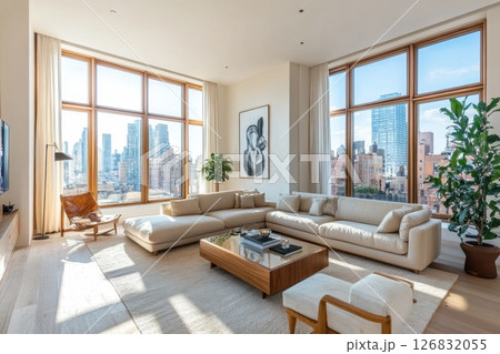 A large living room with a white couch, a coffee table, and a potted plant 126832055