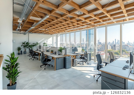 Modern office workspace urban city interior design bright environment wide-angle view productivity concept 126832136
