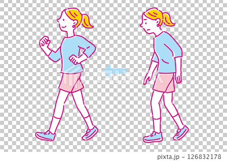 Illustration set of a young woman walking with correct posture and hunchback 126832178