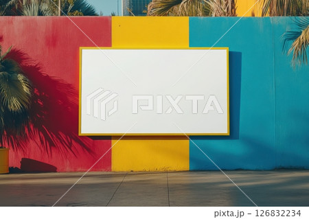 Blank billboard in colorful urban setting street art outdoor bright environment wide angle creative potential 126832234