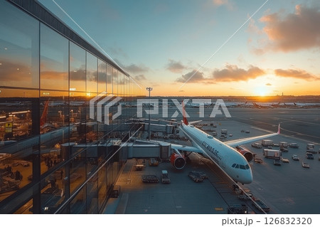 Aircraft at sunset international airport travel scene vibrant sky elevated view journey awaits 126832320