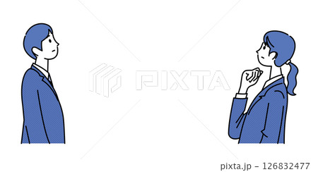 スーツを着た若い男女が上を見ながら思案しているイラスト 126832477