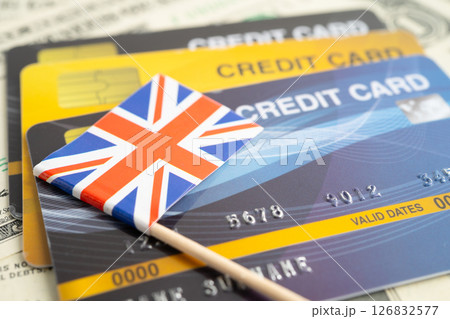 Credit card model with United Kingdom UK flag, financial investment economy business banking. 126832577