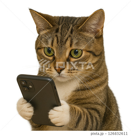 スマホを覗き込むタビー猫のポートレート 126832611