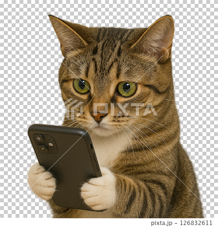 スマホを覗き込むタビー猫のポートレート 126832611