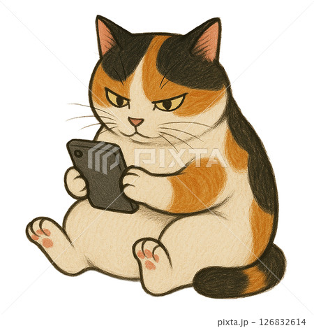 スマホを見つめる三毛猫のイラスト スマホを見つめる三毛猫のイラスト 126832614