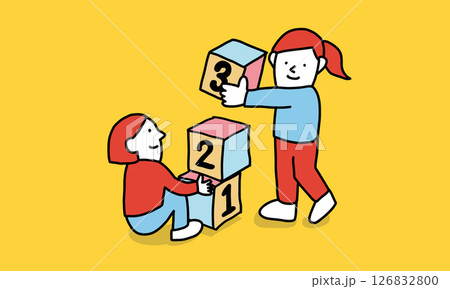 積み木を詰む女性二人のイラスト　コツコツと積み重ねる人のイメージ 126832800