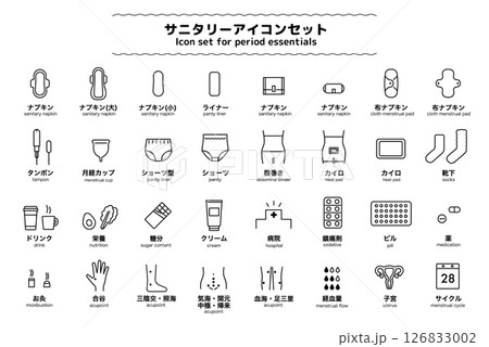 生理用品関連のアイコンセット(塗りなし)	 生理用品関連のアイコンセット(塗りなし)	 126833002
