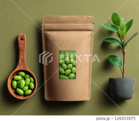 Brown paper pouch with green edamame, wooden spoon with edamame , and small potted plant on green background Brown paper pouch with green edamame, wooden spoon with edamame , and small potted plant on green background 126833075