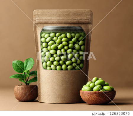 Minimalist design mockup of frozen edamame pouch with eco friendly kraft material and clean background 126833076