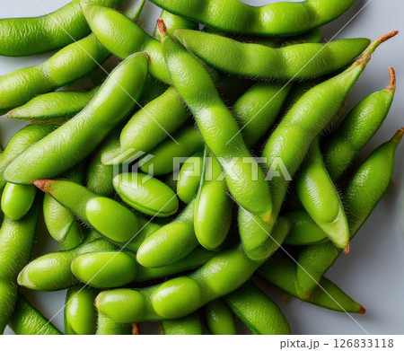 Fresh green edamame beans in pods, vibrant and healthy 126833118