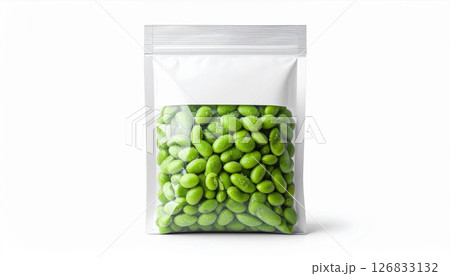 Clear plastic bag filled with fresh green edamame beans, isolated on white background Clear plastic bag filled with fresh green edamame beans, isolated on white background 126833132
