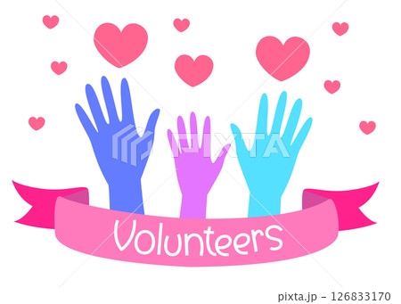 Bright volunteer illustration with raised colorful hands, pink hearts, and a ribbon banner, symbolizing love and community support. Vector illustration 126833170