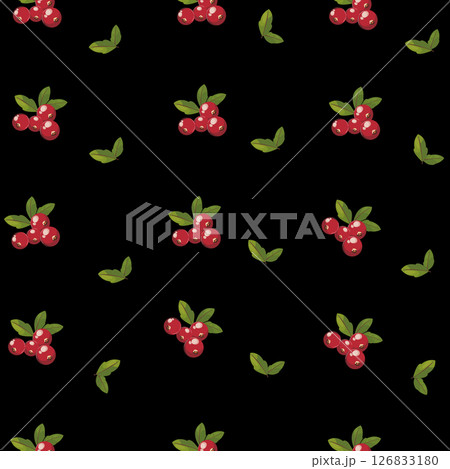Minimal seamless cranberry and leaf design on a dark background, perfect for modern packaging, fabric prints, or seasonal themes. Vector illustration Minimal seamless cranberry and leaf design on a dark background, perfect for modern packaging, fabric prints, or seasonal themes. Vector illustration 126833180