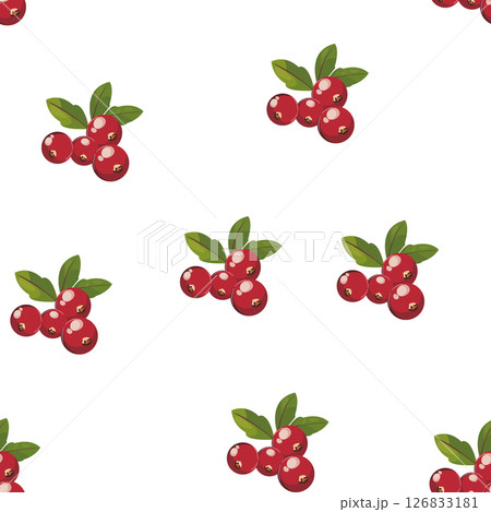 Seamless repeating cranberry clusters with leaves on white background, suitable for clean product packaging, fabrics, or decor. Vector illustration Seamless repeating cranberry clusters with leaves on white background, suitable for clean product packaging, fabrics, or decor. Vector illustration 126833181