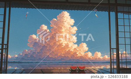 日本家屋から眺める夏の晴れた空 日本家屋から眺める夏の晴れた空 126833188