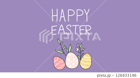 Elegant Easter greeting card with decorated eggs and floral elements on purple background. Vector illustration 126833196